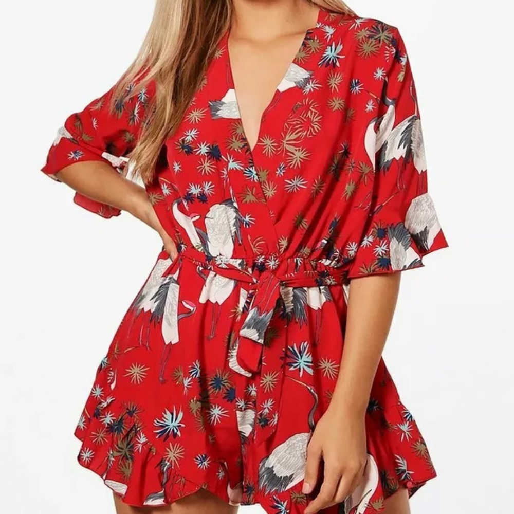 Boohoo Oriental Floral Red Wrap Romper Plus Size